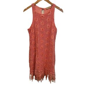 Language boho net crochet floral flower fringe summer sun dress coral medium M